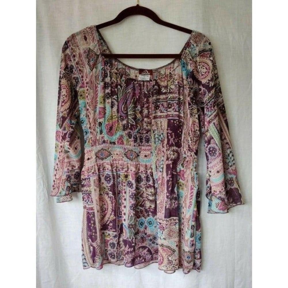 Jordache Juniors Purple Paisley Sheer Bell Sleeve Smocked Blouse XL 35TD103B